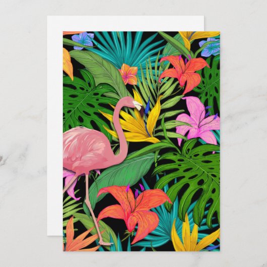 Kleurrijk tropisch ontwerp — flamingo en palmblade feestdagenkaart (Voorkant / Achterkant)