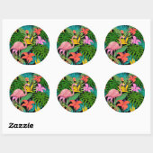 Kleurrijk tropisch ontwerp — flamingo en palmblade ronde sticker (Vel)