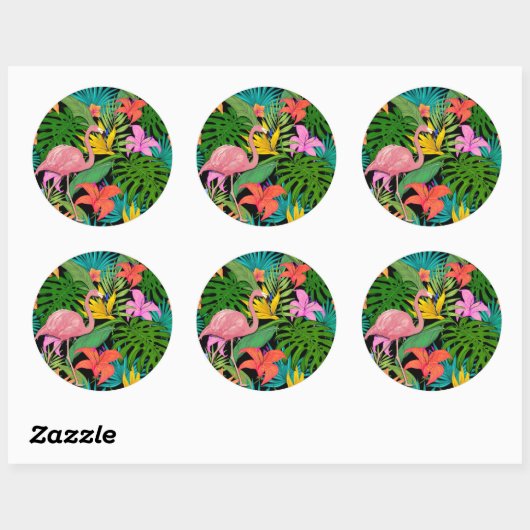 Kleurrijk tropisch ontwerp — flamingo en palmblade ronde sticker (Vel)