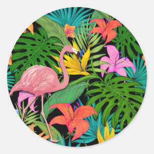 Kleurrijk tropisch ontwerp — flamingo en palmblade ronde sticker