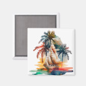 Kleurrijk tropisch palm en zeilboot Magnet Magneet (Voorkant / Achterkant)