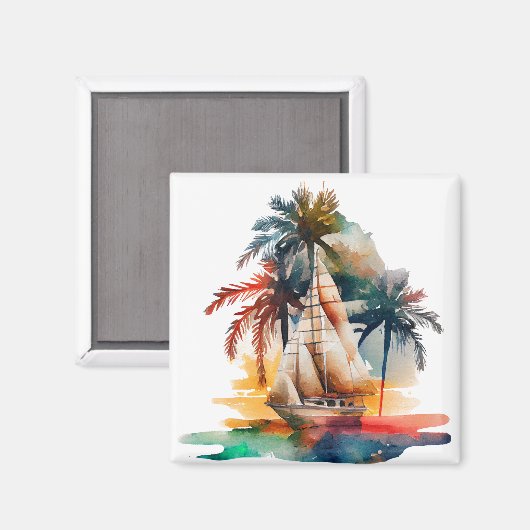 Kleurrijk tropisch palm en zeilboot Magnet Magneet (Voorkant / Achterkant)