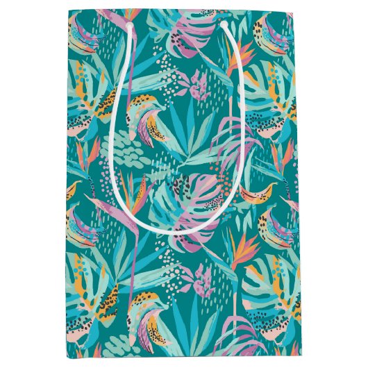 Kleurrijk tropische bloemen en bladpatroon medium cadeauzakje (Voorkant)