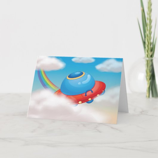 Kleurrijk UFO-ruimteschip dat door wolken vliegt Kaart (Voorkant)
