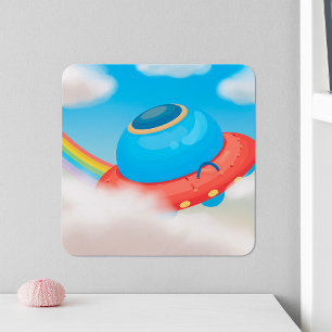 Kleurrijk UFO-ruimteschip dat door wolken vliegt Vierkante Sticker