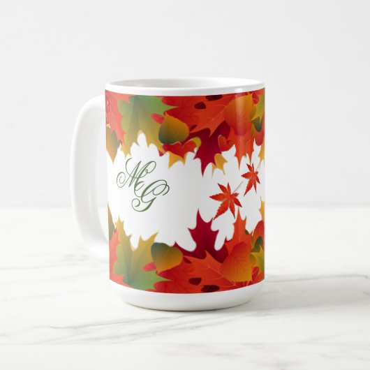 kleurrijk valleder en pompoenmonogram koffiemok (Voorkant links)