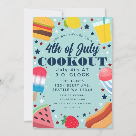 Kleurrijk Voedsel 4TH van Juli Cookout Uitnodiging (Voorkant)