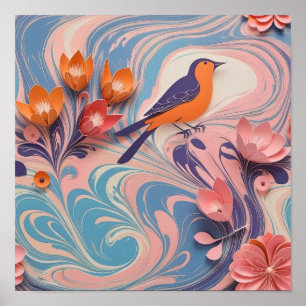 Kleurrijk vogel- en bloemontwerp - Paper Art Poster