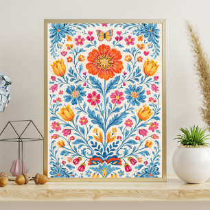 Kleurrijk Volkskundig Bloempatroon met Vlinder Poster