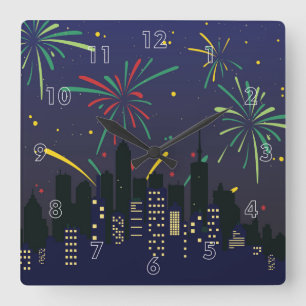 Kleurrijk Vuurwerk over de skyline van de Stad Sch Vierkante Klok