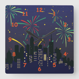 Kleurrijk Vuurwerk over de skyline van de Stad Sch Vierkante Klok