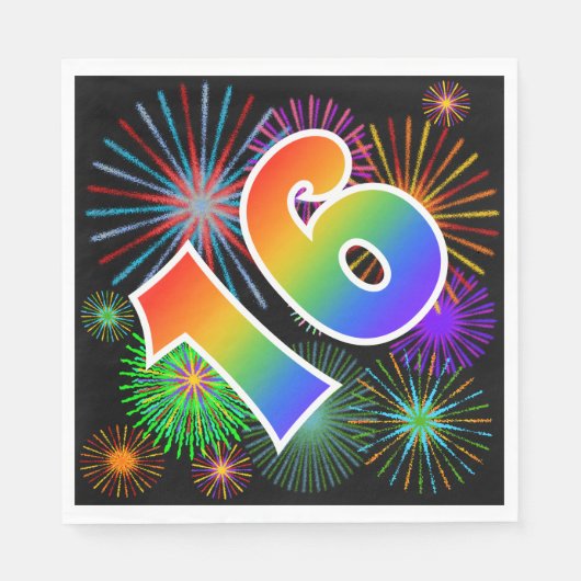 Kleurrijk vuurwerk + regenboogpatroon "16" Eveneme Servet (Voorkant)