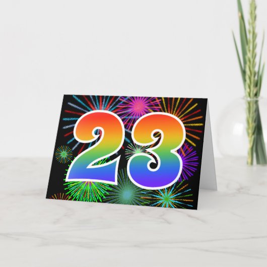 Kleurrijk vuurwerk + regenboogpatroon "23" Event # Kaart (Voorkant)