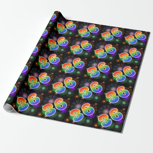 Kleurrijk vuurwerk + regenboogpatroon "36" Event # Cadeaupapier (Uitgerold)