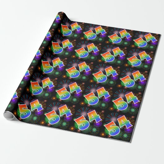 Kleurrijk vuurwerk + regenboogpatroon "54" Event # Cadeaupapier (Uitgerold)