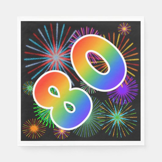 Kleurrijk vuurwerk + regenboogpatroon "80" Event # Servet (Voorkant)