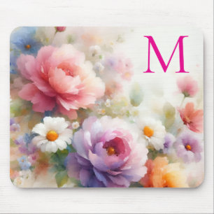 Kleurrijk Waterverf Bloem Motief Monogram Muismat