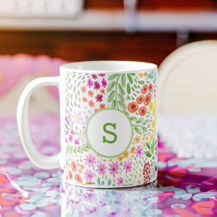 Kleurrijk Waterverf Bloemmotief Lente Monogram Koffiemok