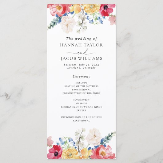 Kleurrijk Wildflower bruiloft programma (Voorkant)