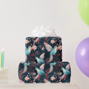 Kleurrijk Winter Kolibries & Bloemen Patroon Cadeaupapier