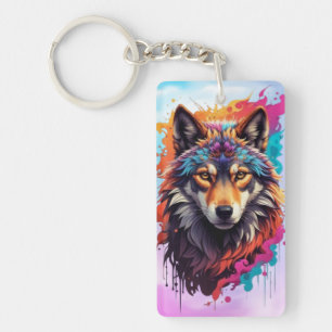 Kleurrijk Wolf Portret Abstract Dierenkunst-87694 Sleutelhanger