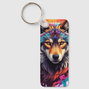 Kleurrijk Wolf Portret Abstract Dierenkunst-87694 Sleutelhanger