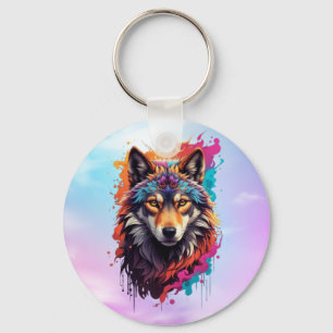 Kleurrijk Wolf Portret Abstract Dierenkunst-87694 Sleutelhanger