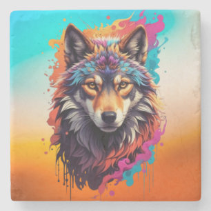 Kleurrijk Wolf Portret Abstract Dierenkunst-87694 Stenen Onderzetter
