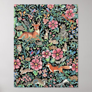 Kleurrijk Woodland Animal Tapestry Design on Black Poster