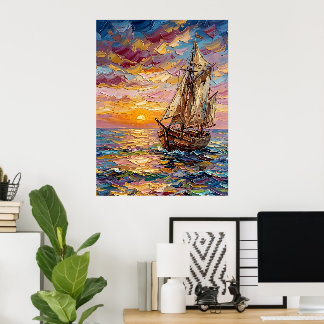 Kleurrijk zeegezicht met zeilschip poster