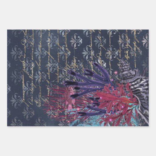 Kleurrijk zeewier en vis op blauw inpakpapier vel (Voorkant 3)