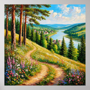 Kleurrijk zomerlandschap met wilde bloemen poster