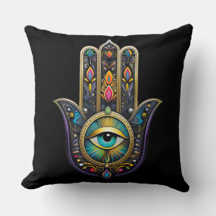 Kleurrijk Zwarte Gouden Hamsa met Turquoise Derde Kussen