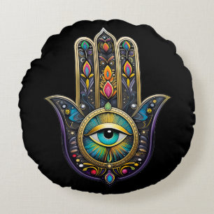 Kleurrijk Zwarte Gouden Hamsa met Turquoise Derde Rond Kussen