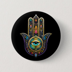 Kleurrijk Zwarte Gouden Hamsa met Turquoise Derde  Ronde Button 5,7 Cm