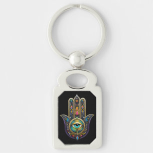 Kleurrijk Zwarte Gouden Hamsa met Turquoise Derde  Sleutelhanger