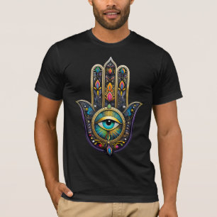 Kleurrijk Zwarte Gouden Hamsa met Turquoise Derde T-shirt