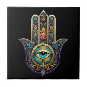 Kleurrijk Zwarte Gouden Hamsa met Turquoise Derde Tegeltje