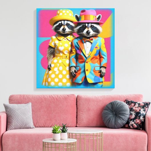 Kleurrijke 1960's mod raccoons canvas afdruk (Insitu (Woonkamer))