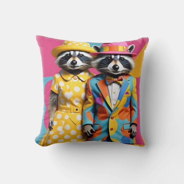 Kleurrijke 1960's mod raccoons kussen (Voorkant)
