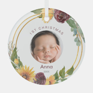 Kleurrijke 1e Kerstmis Foto Zonnebloemen Glas Ornament
