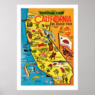 Kleurrijke 20x28 Californië kaart afdruk Poster