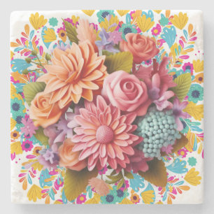 Kleurrijke 3D bloemetjes Roze en Sinaasappel Stenen Onderzetter