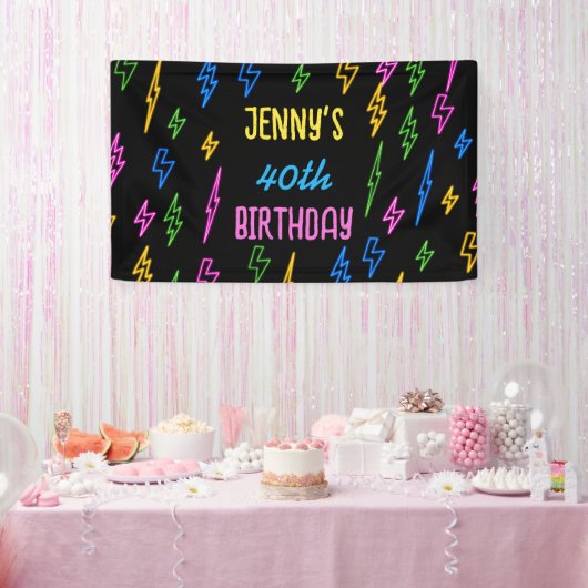 Kleurrijke 80's Retro Neon Lightning Verjaardag Spandoek (Feest)