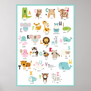 Kleurrijke ABC's   Turquoise Frame Dierenalfabet Poster