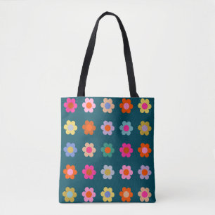 Kleurrijke Abstract Flowers Navy Blue Retro Floral Draagtas