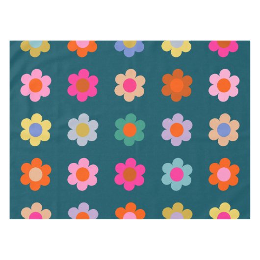 Kleurrijke Abstract Flowers Navy Blue Retro Floral Tafelkleed (Voorkant (Horizontaal))