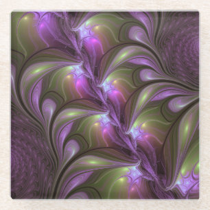 Kleurrijke Abstract Paarse Khaki Fractale Kunst Glazen Onderzetter