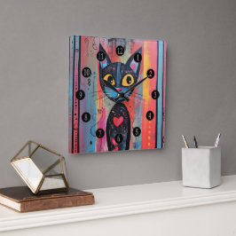 Kleurrijke Abstract Yellow Eyed Cat Vierkante Klok