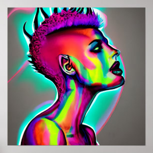 Kleurrijke Abstracte AI-kunst   Vrouw met Mohawk Poster